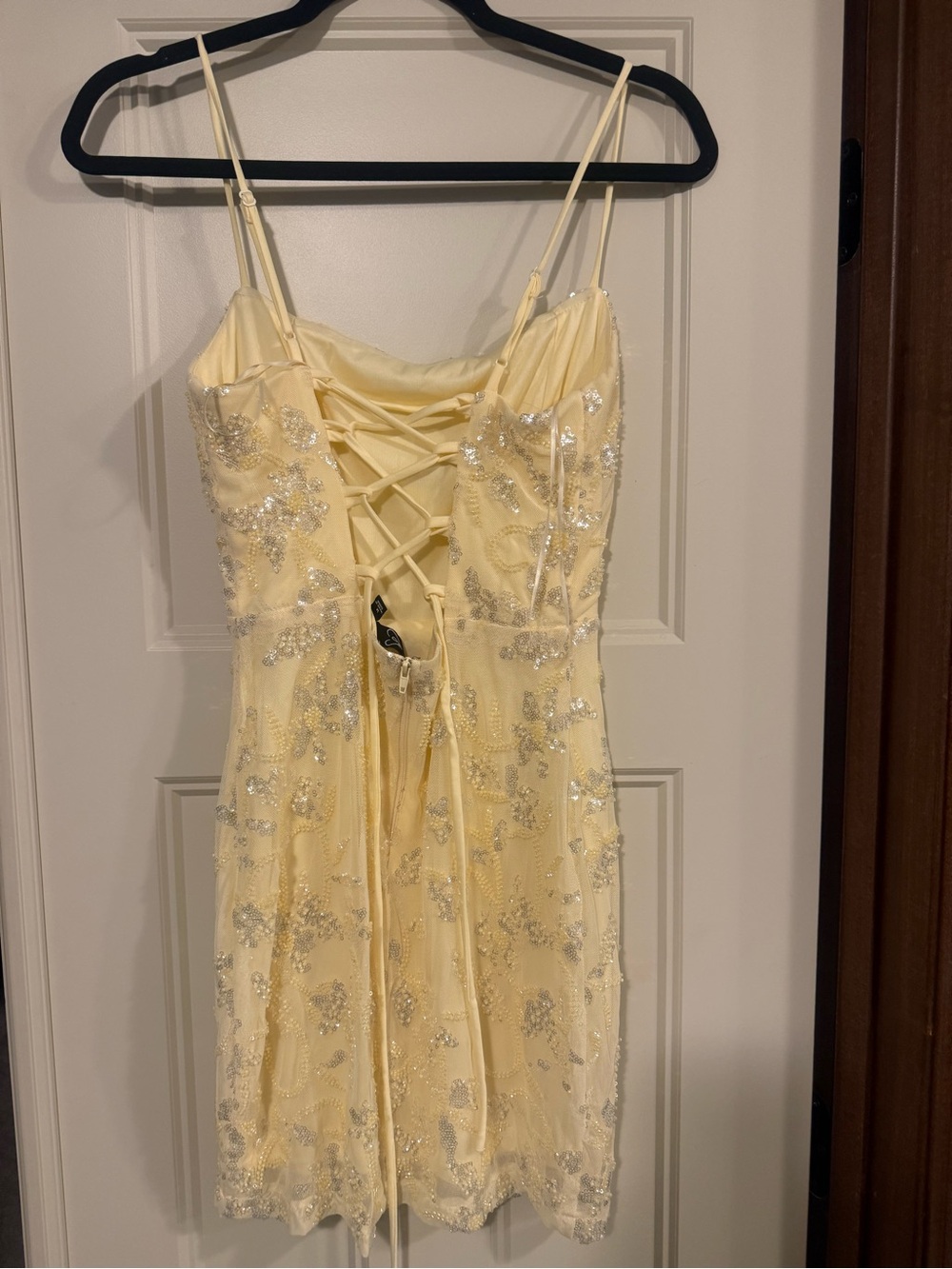 Yellow Beaded Spaghetti-Strap Evening Dress - Picture 2 of 3